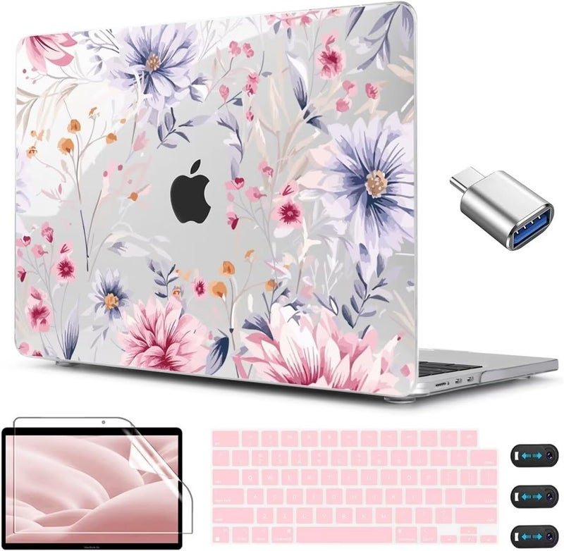 CISSOOK Flower Case for MacBook Air 13.6 Inch M4 M3 M2 Chip Model A3240 A3113 A2681, Plastic Shell Cover with Keyboard Cover Screen Protector for MacBook Air 13 2022-2025, Flowers Watercolor - Image 1